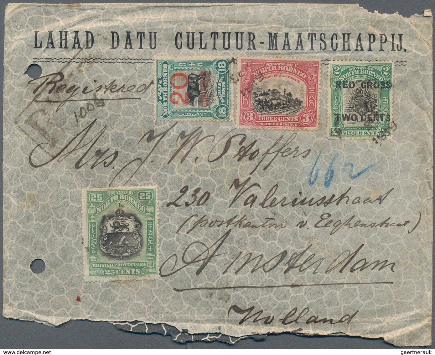 Nordborneo: 1918/1920, Lot With 7 Franked Covers From LAHAD DATU To The Netherlands, Mostly Register - Borneo Septentrional (...-1963)