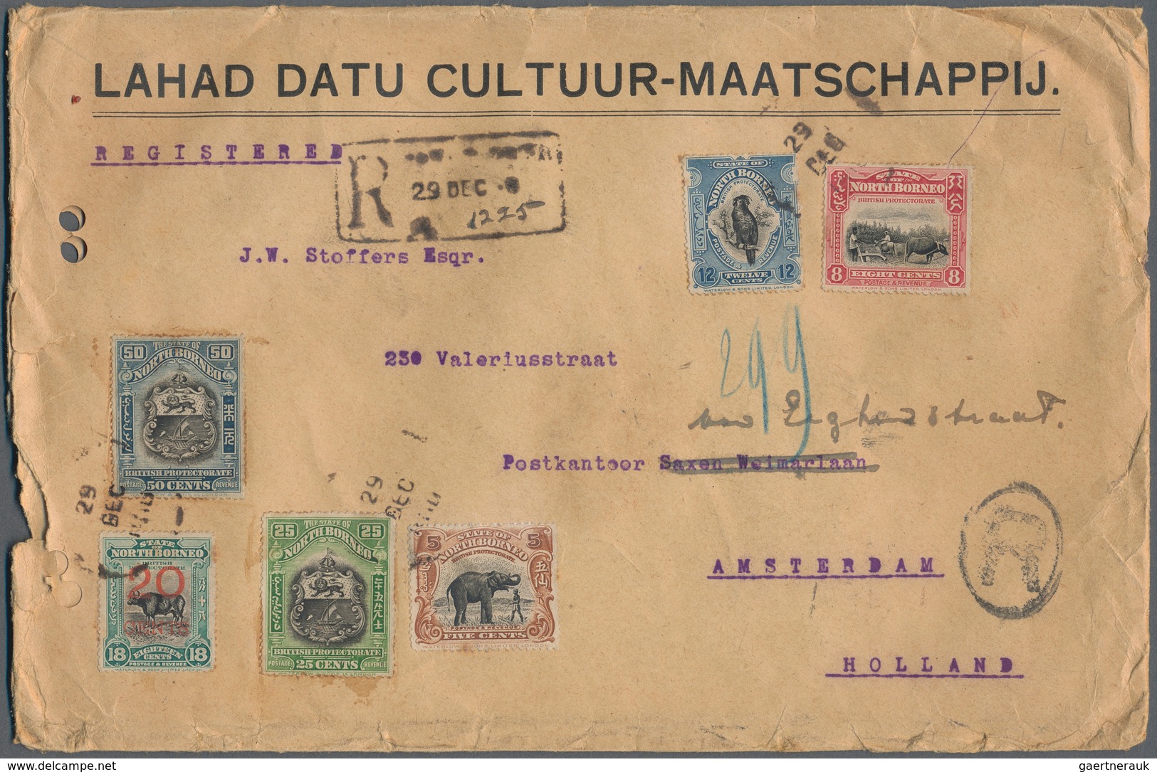 Nordborneo: 1918/1920, Lot With 7 Franked Covers From LAHAD DATU To The Netherlands, Mostly Register - Borneo Septentrional (...-1963)