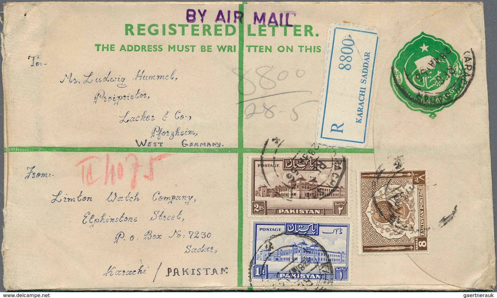 Pakistan: 1955/1956, Pakistan/India/Ceylon, Group Of Five Registered Covers To Pforzheim/Germany, In - Pakistán