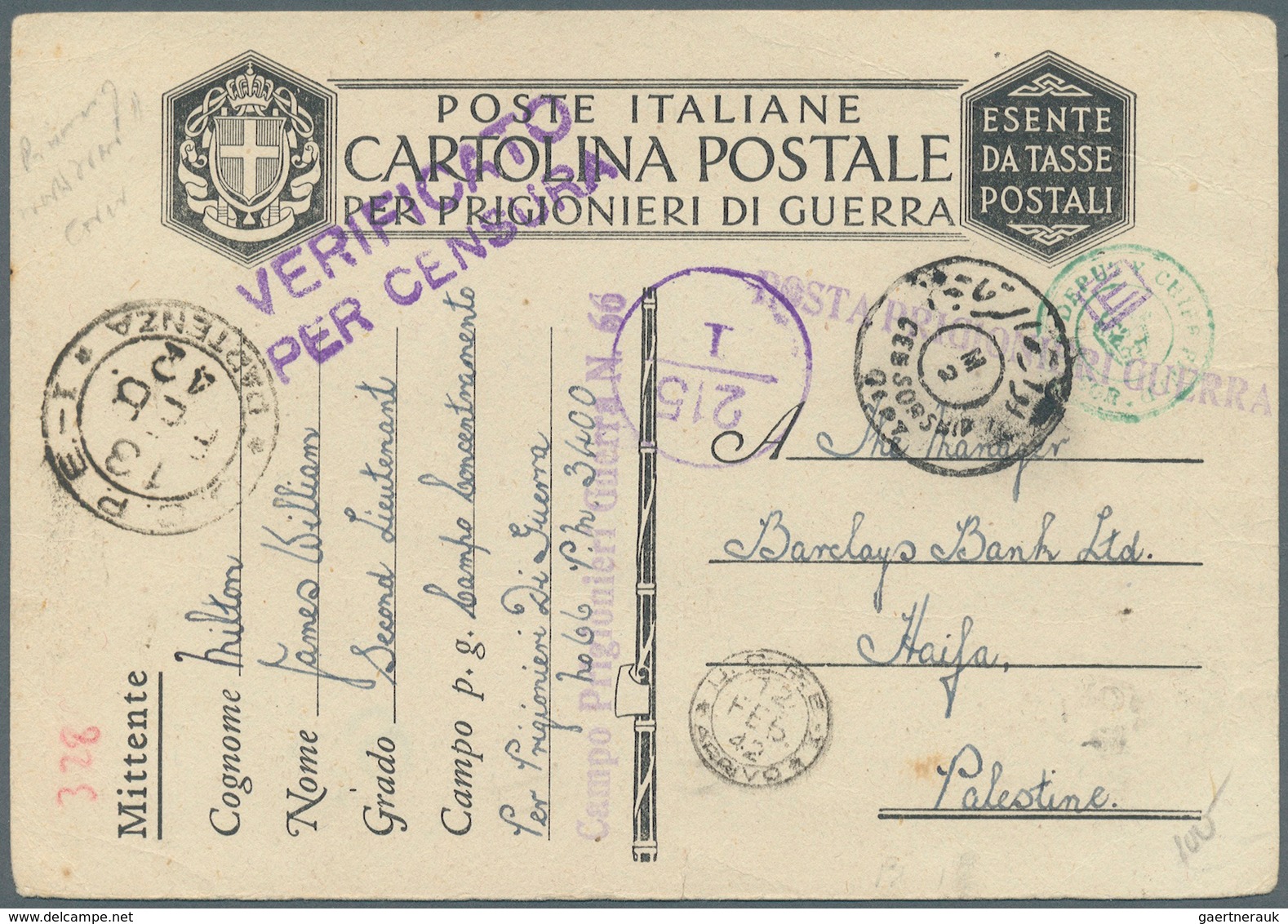 Palästina: 1942-45, 6 P.O.W. Covers WW II, Four To Italy, One To USA And Italy To Haifa, Many Differ - Palestine