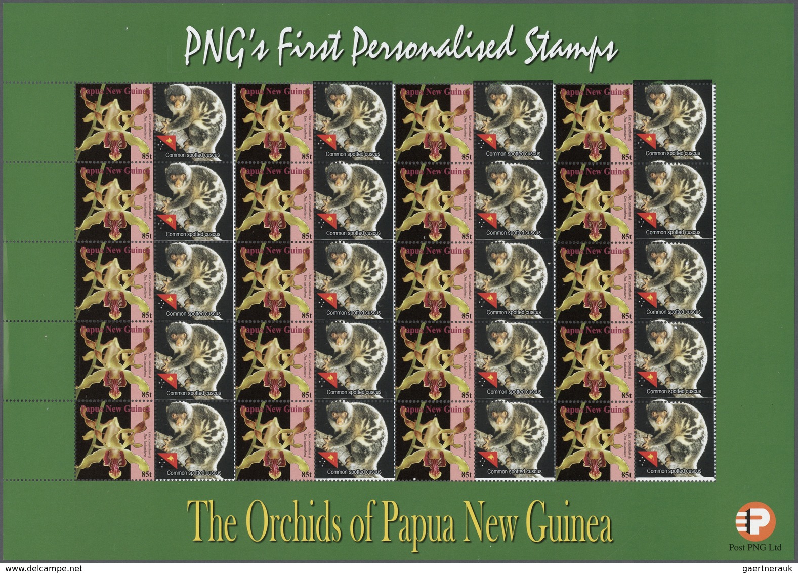 Papua Neuguinea: 2007. Lot With 500 Sheets ORCHIDS 0.85k With Personalised Ornamental Label COMMON S - Papúa Nueva Guinea