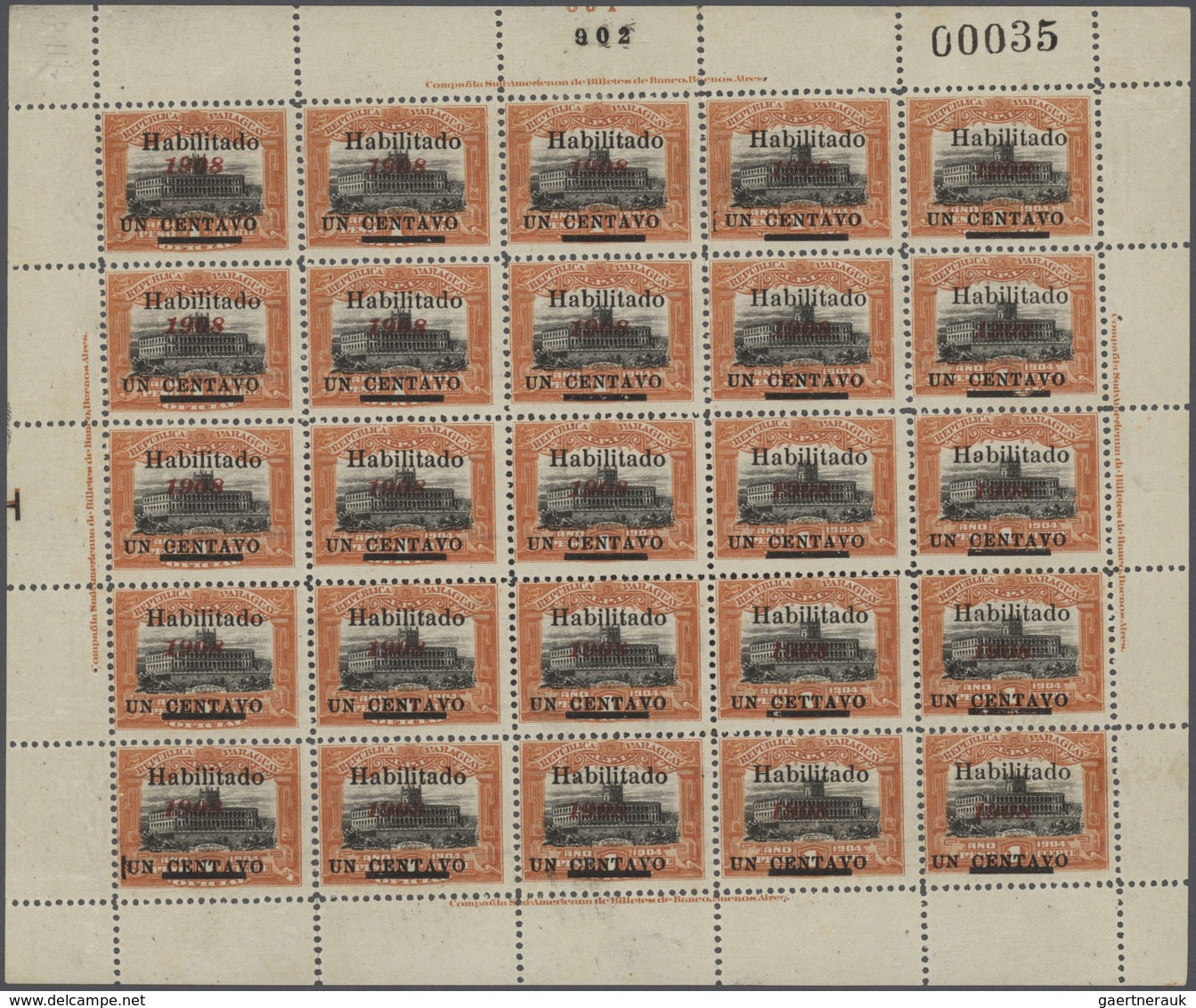 Paraguay: 1908/1909, Revaluation Overprints, Specialised Assortment Of Nine Complete Sheets Of 25 St - Paraguay