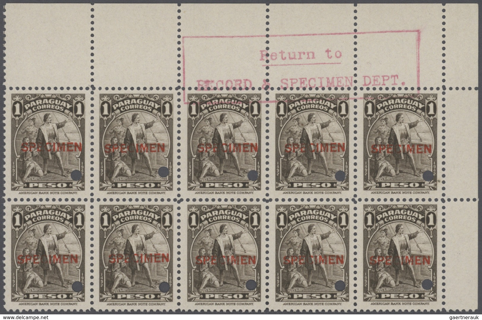 Paraguay: 1943: Columbus Issue , 4 Values, Each Block Of 10, Overprinted SPECIMEN And Punch Hole, Wi - Paraguay