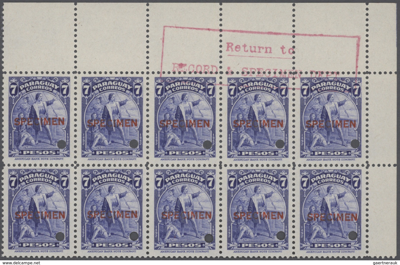 Paraguay: 1943: Columbus Issue , 4 Values, Each Block Of 10, Overprinted SPECIMEN And Punch Hole, Wi - Paraguay