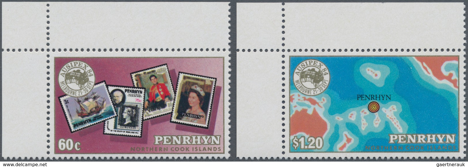 Penrhyn: 1984, AUSIPEX Stamp Exhibition Complete Set Of Two (old Stamps And Map Of South Pacific) In - Penrhyn