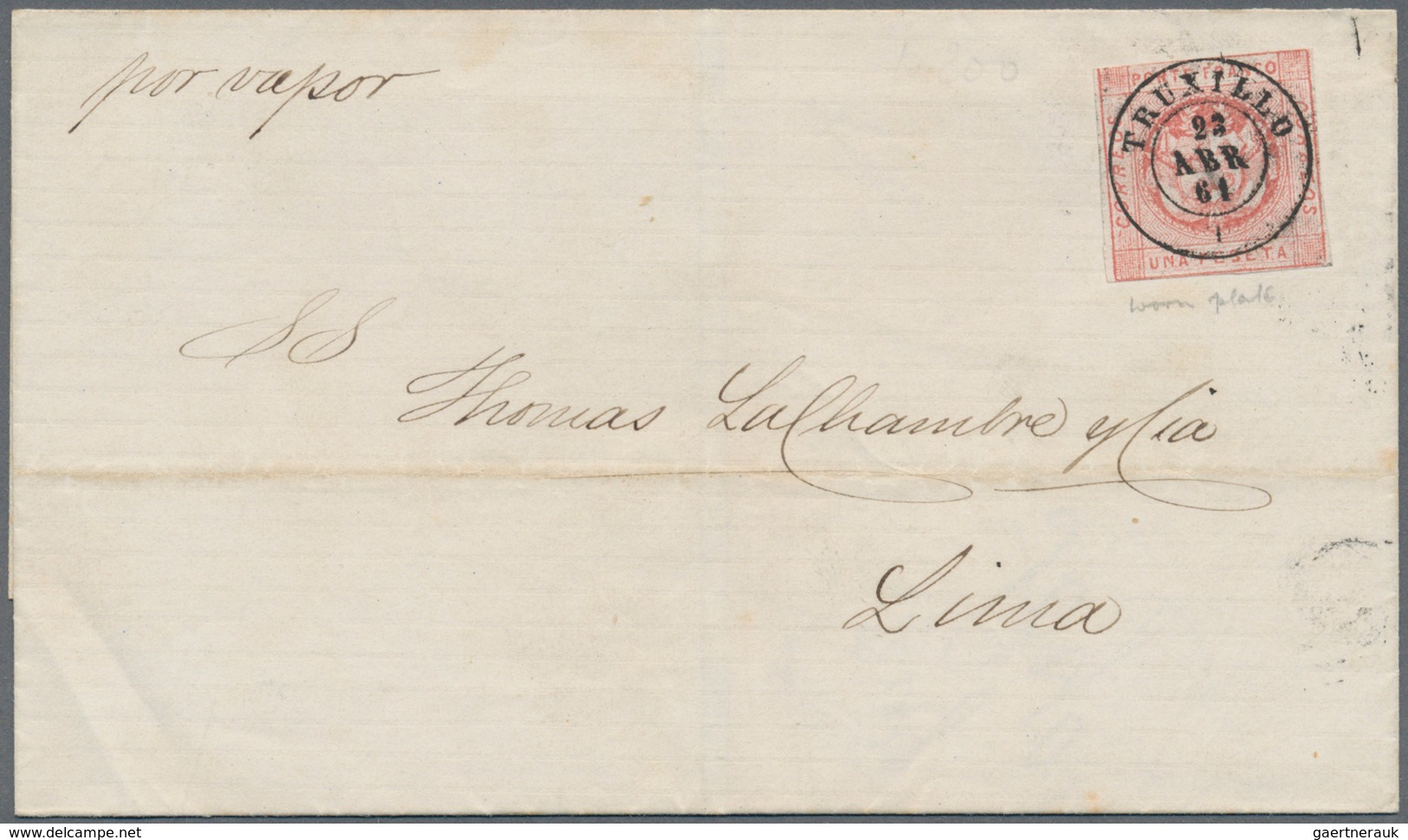 Peru: 1861/1862, 7 Folded Letters And One Front All Franked With 1 Peseta Coat Of Arms From 3rd Issu - Perú