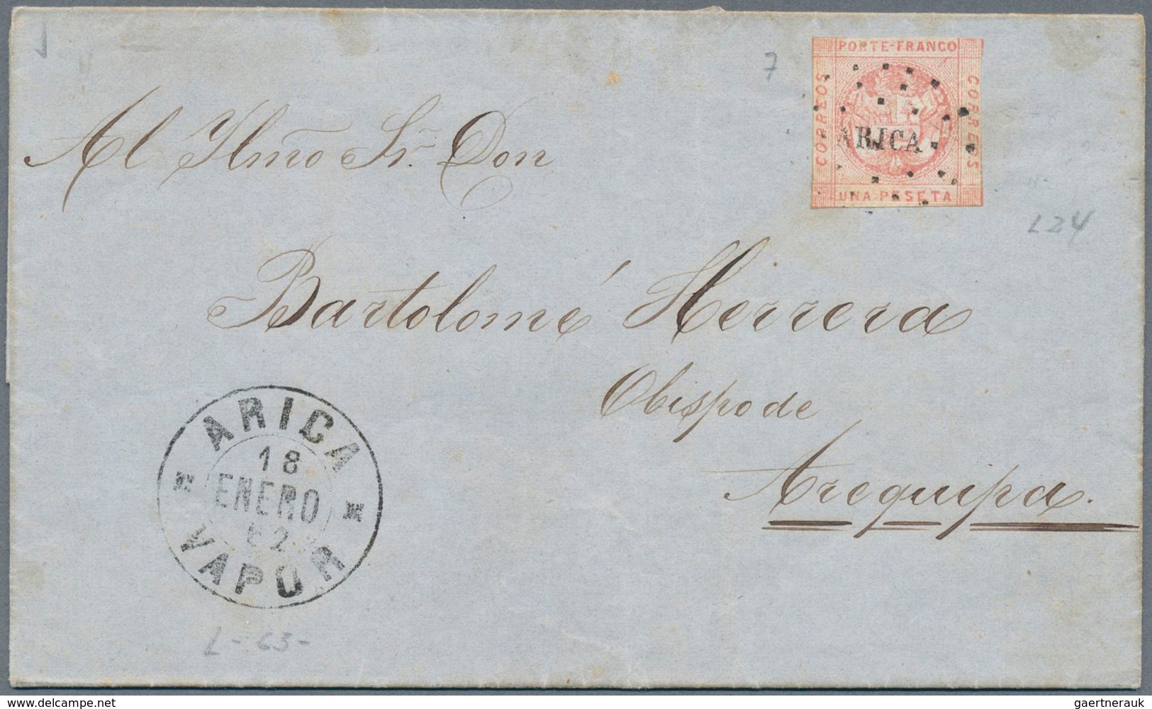 Peru: 1861/1862, 7 Folded Letters And One Front All Franked With 1 Peseta Coat Of Arms From 3rd Issu - Pérou