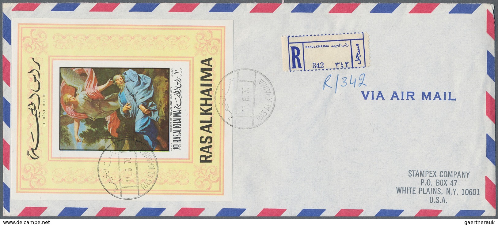 Ras Al Khaima: 1969/1970, Christmas/Easter/Paintings, Group Of Eight Registered Airmail Covers To US - Ra's Al-Chaima