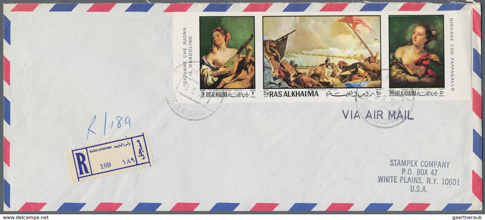 Ras Al Khaima: 1969/1970, Christmas/Easter/Paintings, Group Of Eight Registered Airmail Covers To US - Ra's Al-Chaima