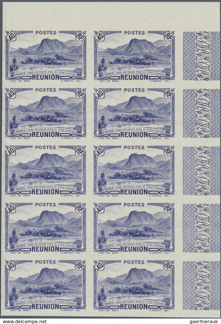 Reunion: 1933, Definitives "Views", 40c. Ultramarine "Piton D'Anchain", Lot Of 63 IMPERFORATE Stamps - Nuevos