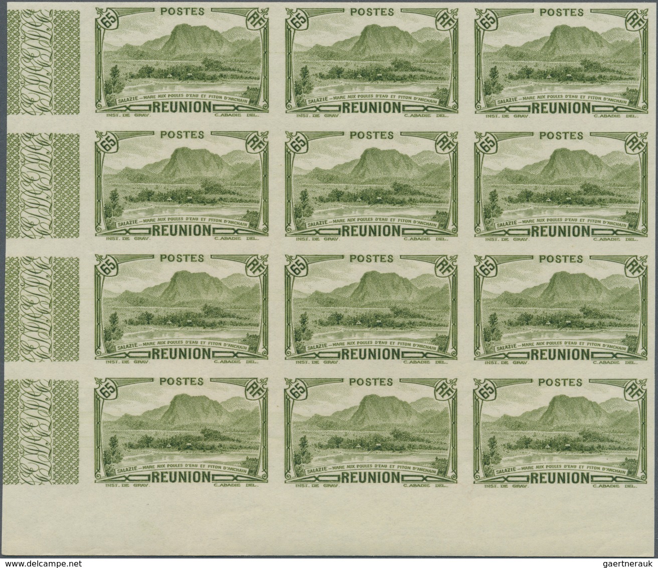 Reunion: 1933, Definitives "Views", 65c. Green "Piton D'Anchain", Lot Of 20 IMPERFORATE Stamps Withi - Neufs