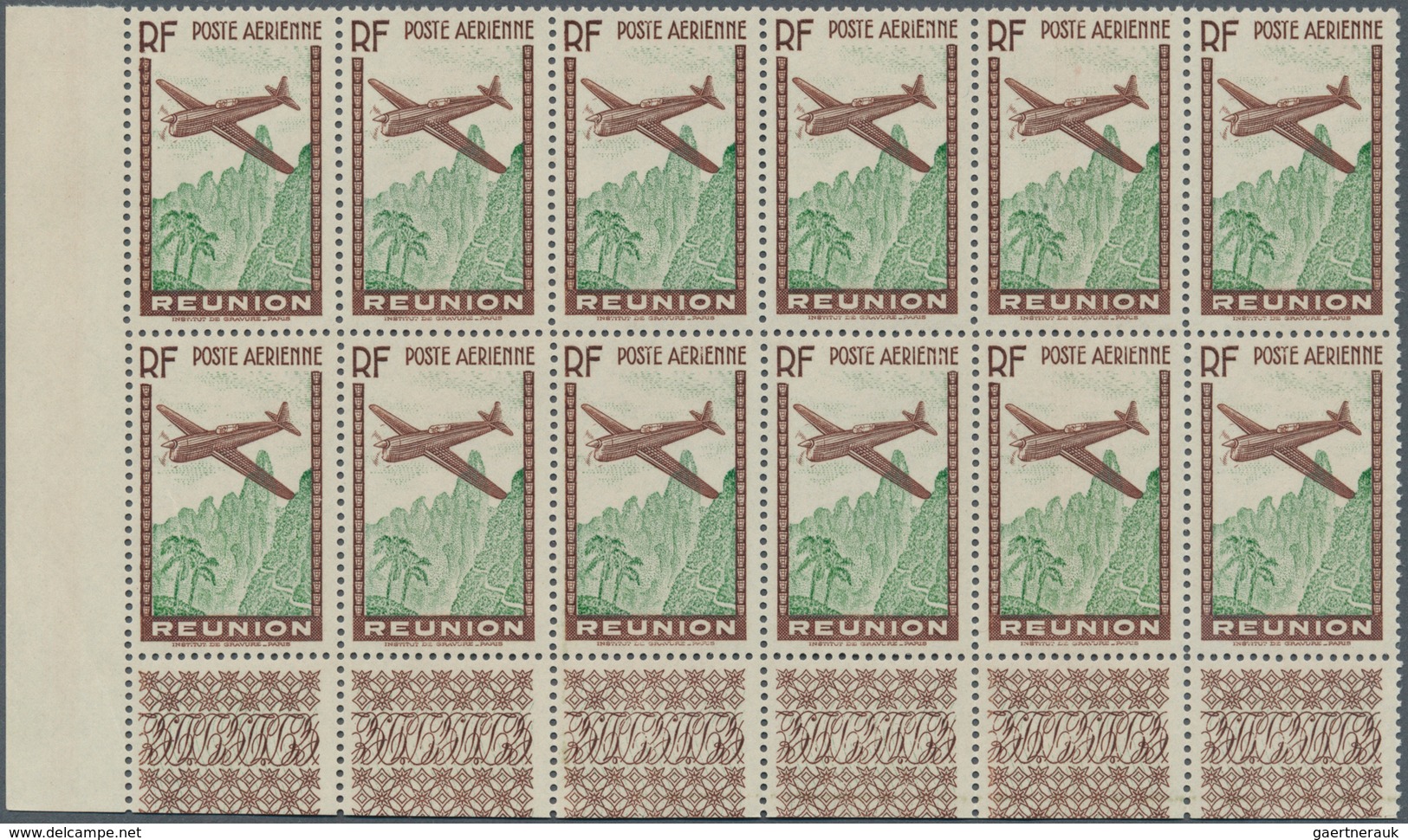 Reunion: 1938, Airmails, 12.65fr. Brown/green Showing Variety "Missing Value", 74 Stamps Within Unit - Neufs