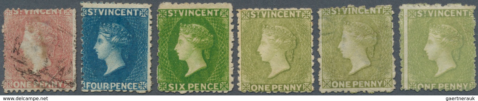 St. Vincent: 1873/1880 (ca.), Lot Of Six Stamps, E.g. 1d. Rose Perf. 11½:15 Used, 1d. Olive-green Un - St.Vincent (1979-...)