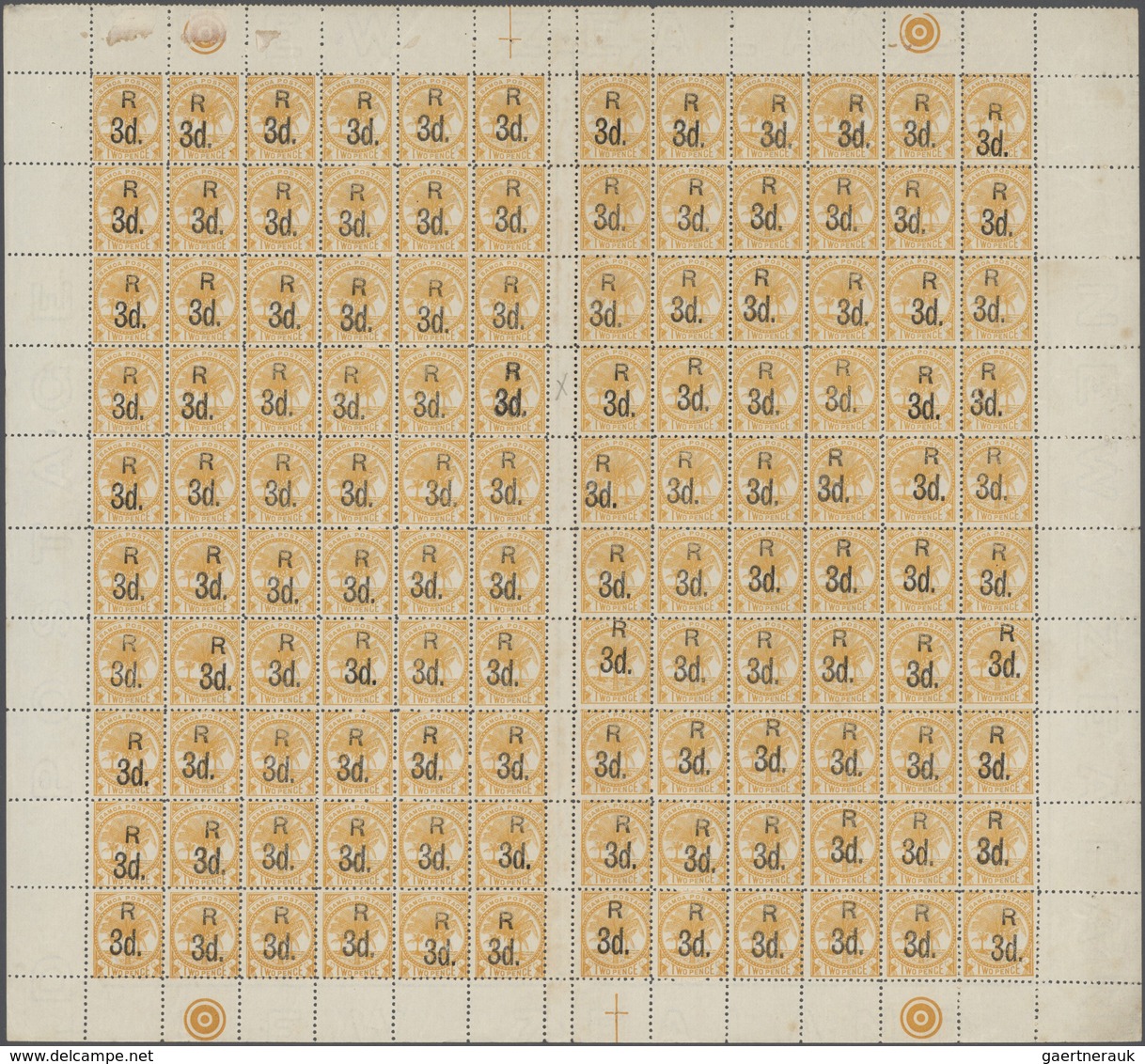 Samoa: 1896, Revaluation Overprints, "R 3d." On 2d. Orange-yellow, Lot Of 1200 Stamps Within Large U - Samoa