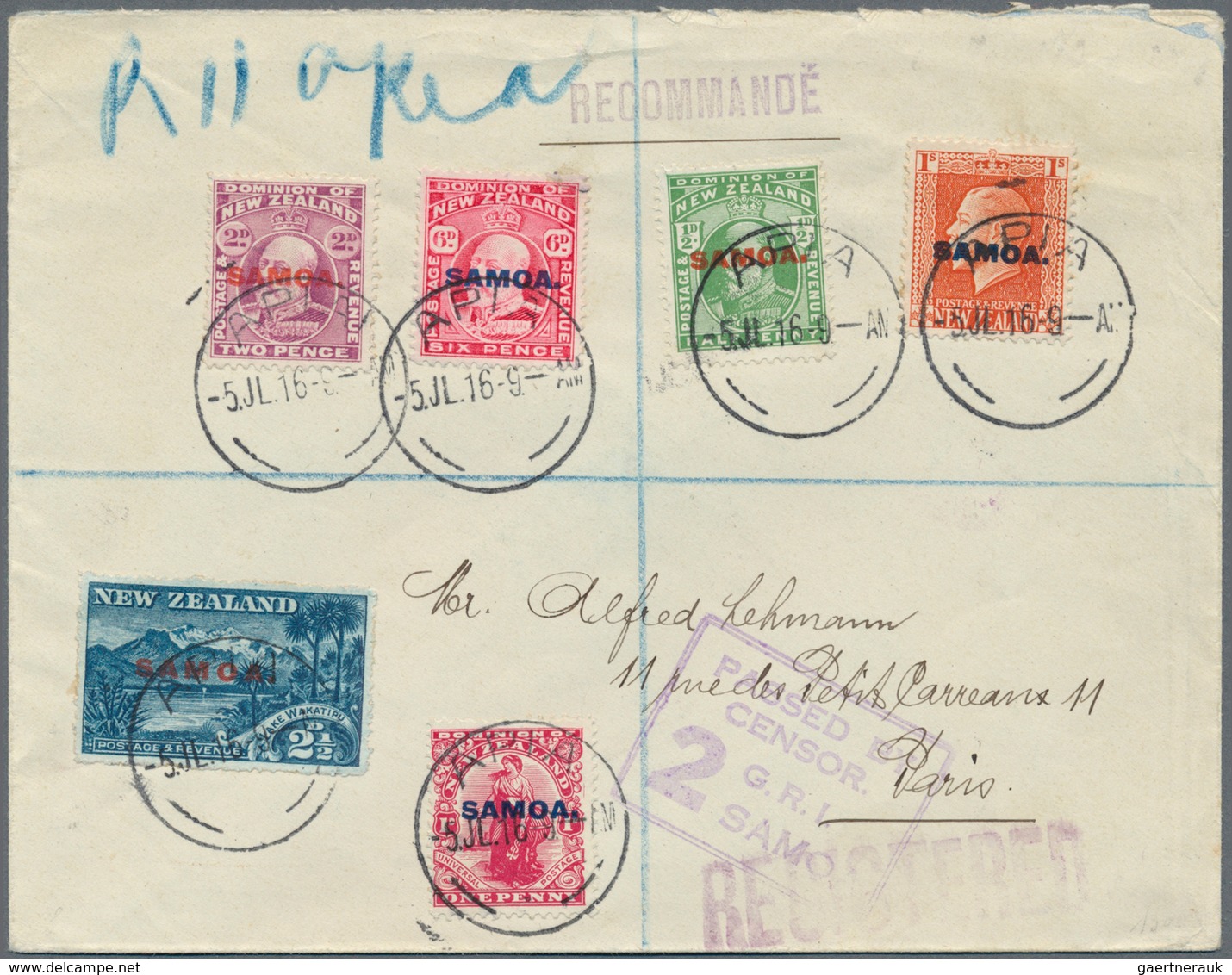 Samoa: 1916-20: Six Registered Covers From Apia To Germany, Switzerland And U.S.A. With Various Fran - Samoa