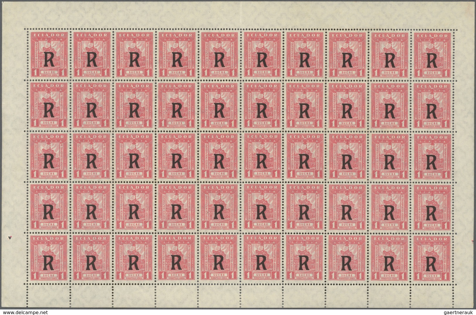 SCADTA - Ausgaben Für Ecuador: 1929, Registration Stamp 1s. Rose, Lot Of Five (folded) Sheets Of 50 - Ecuador