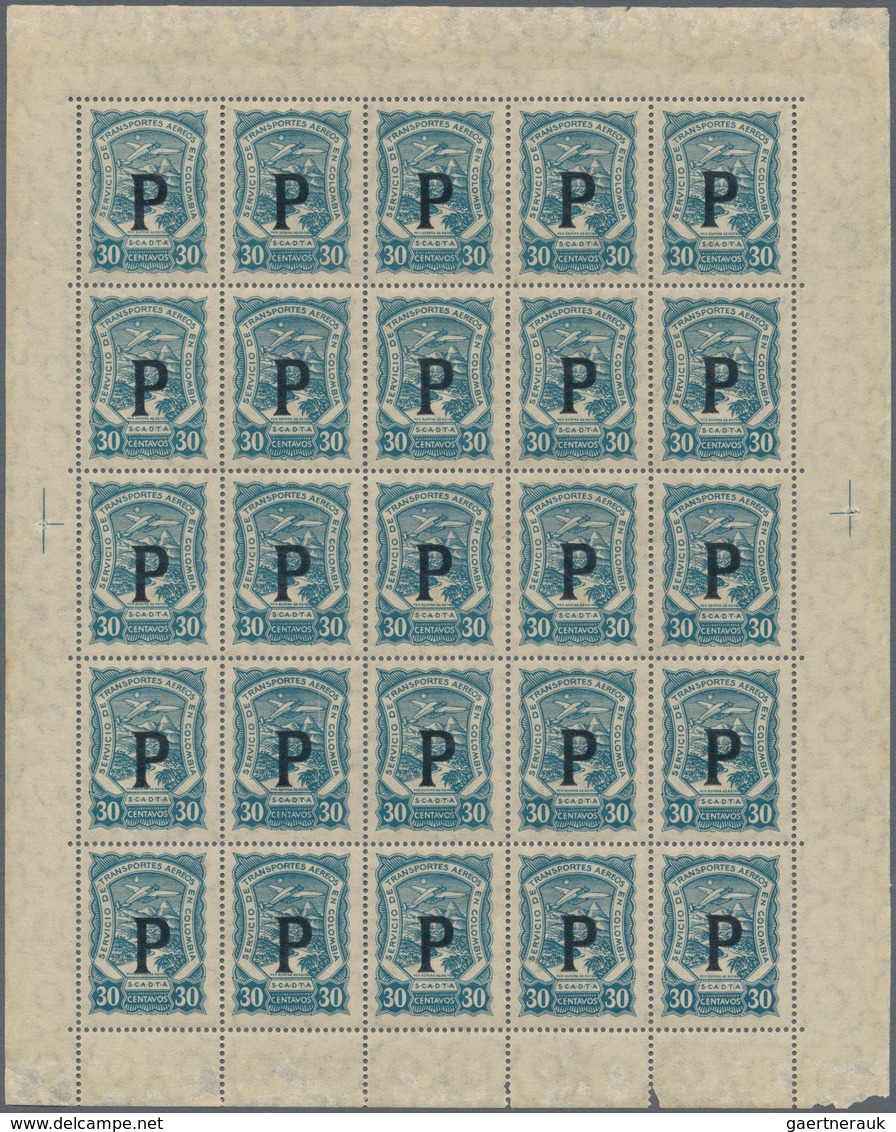 SCADTA - Länder-Aufdrucke: 1923, Panama "P", Black Machine Overprint On 30c. Blue, 6.000 Mint Stamps - Avions