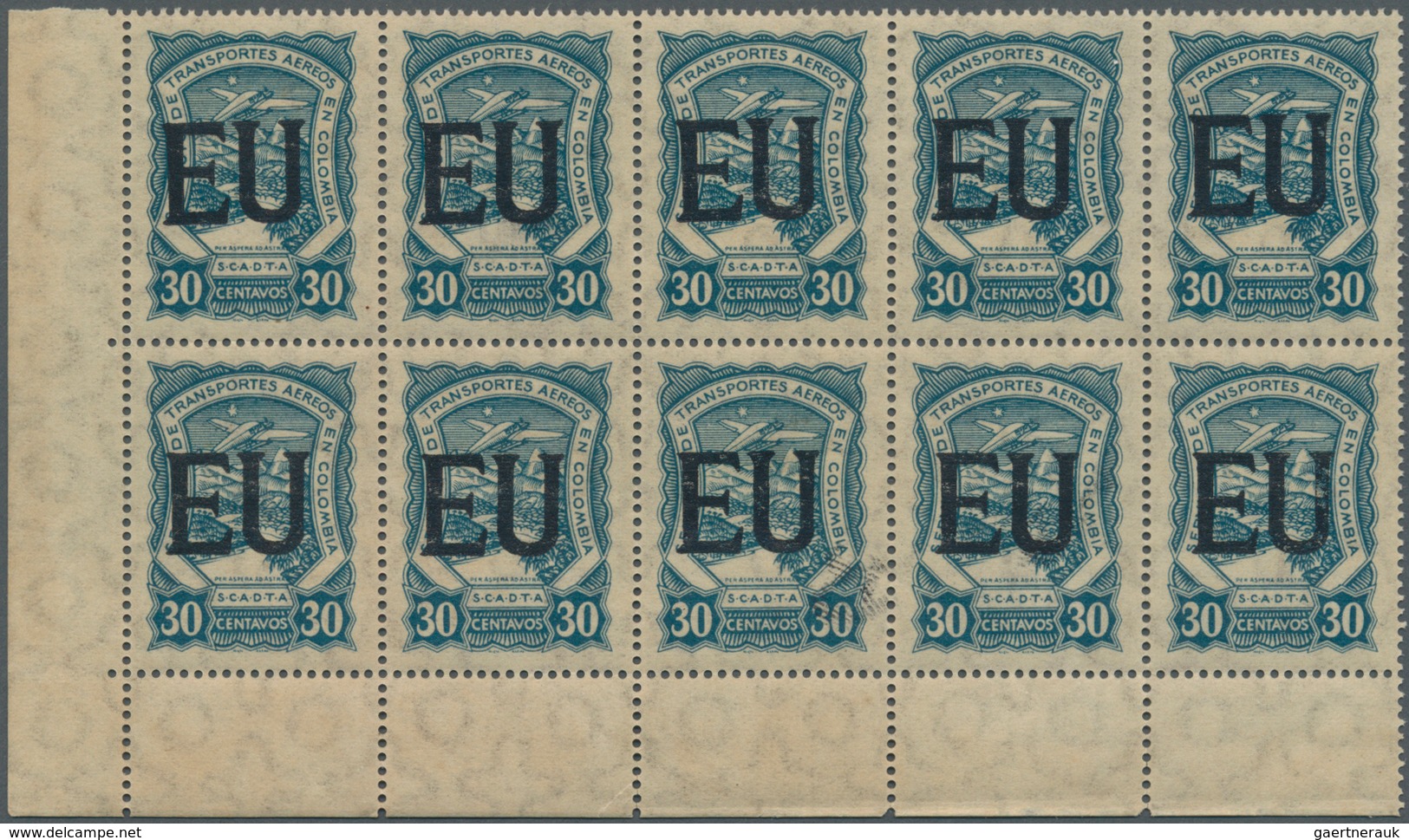 SCADTA - Länder-Aufdrucke: 1923, UNITED STATES: Colombia 30c. Blue With Black Opt. 'EU' In A Lot Wit - Aviones