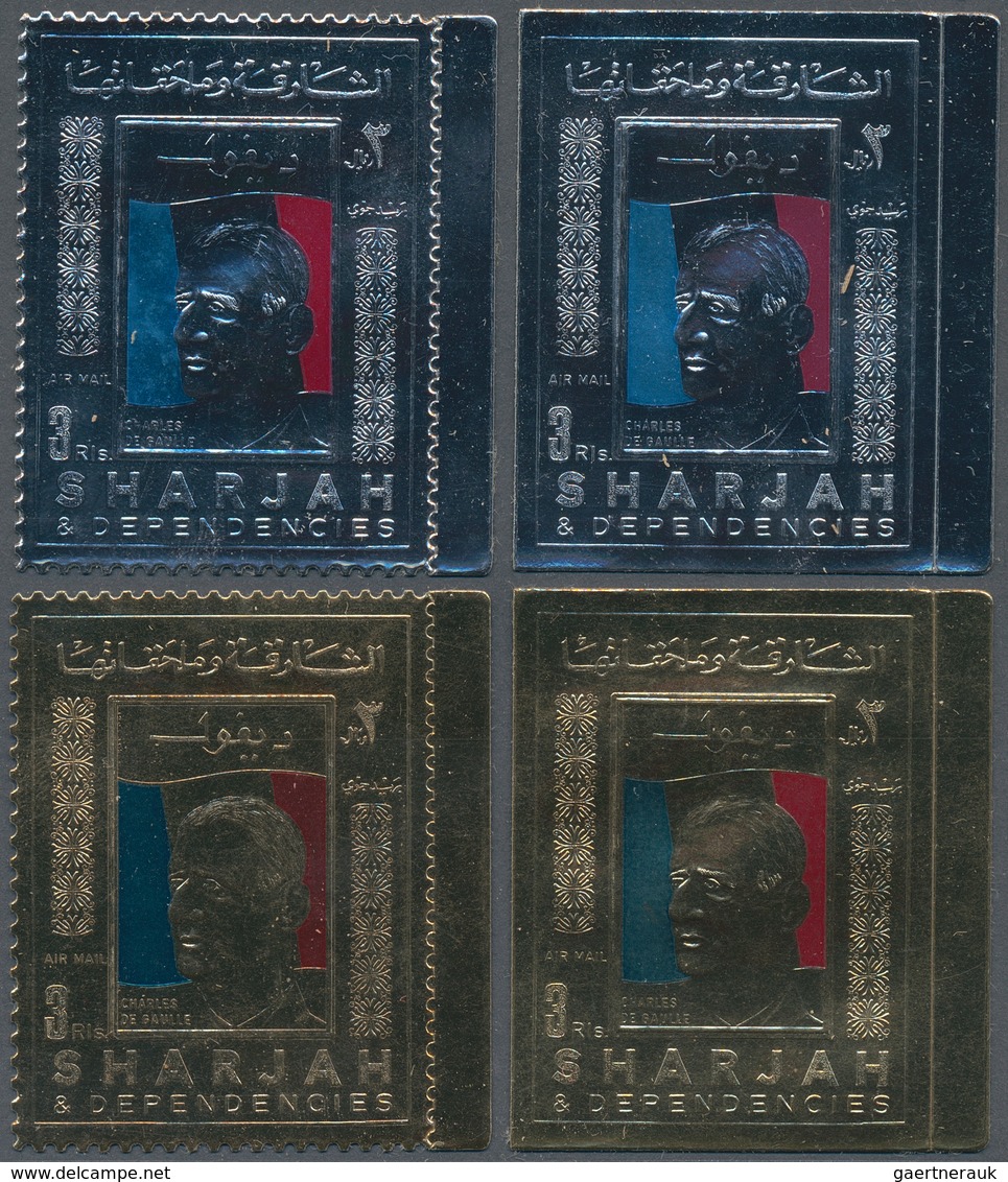 Schardscha / Sharjah: 1970 (ca.), Prominent Persons 'CHARLES DE GAULLE' Gold And Silver Foil Stamps - Sharjah