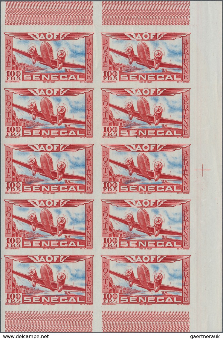 Senegal: 1942, Airmails, 100fr. Red/ultramarine, IMPERFORATE Marginal Block Of Ten, Unmounted Mint. - Autres & Non Classés