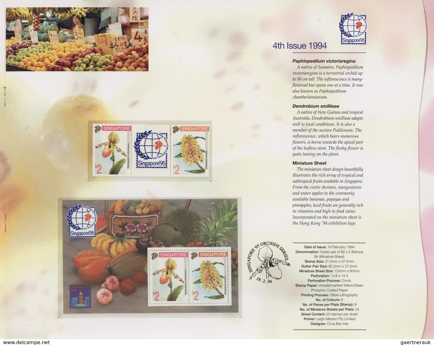 Singapur: 1991/1995, Stamp Exhibition SINGAPORE '95 ("Orchids"), lot of 88 presentation folders with