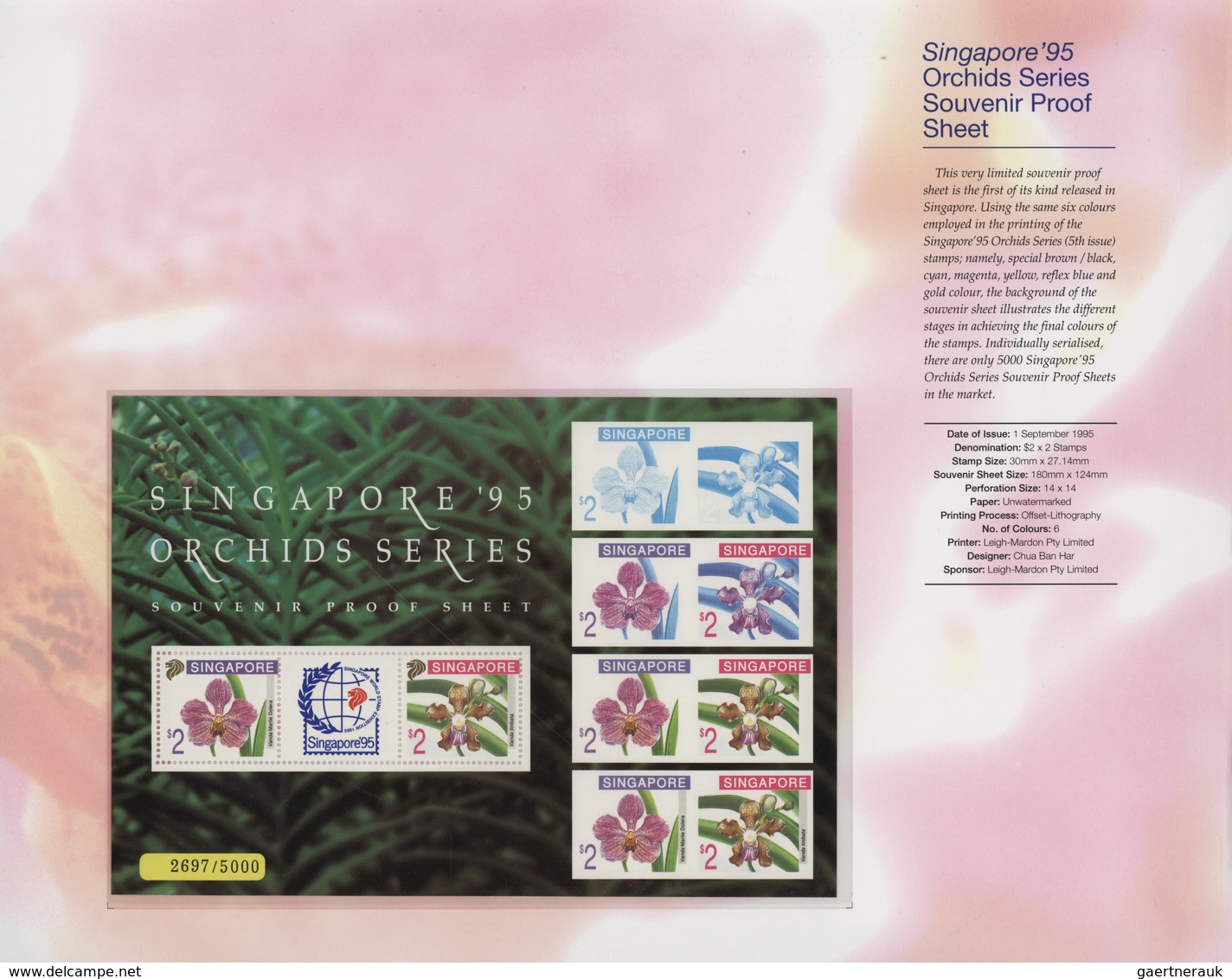 Singapur: 1991/1995, Stamp Exhibition SINGAPORE '95 ("Orchids"), lot of 88 presentation folders with