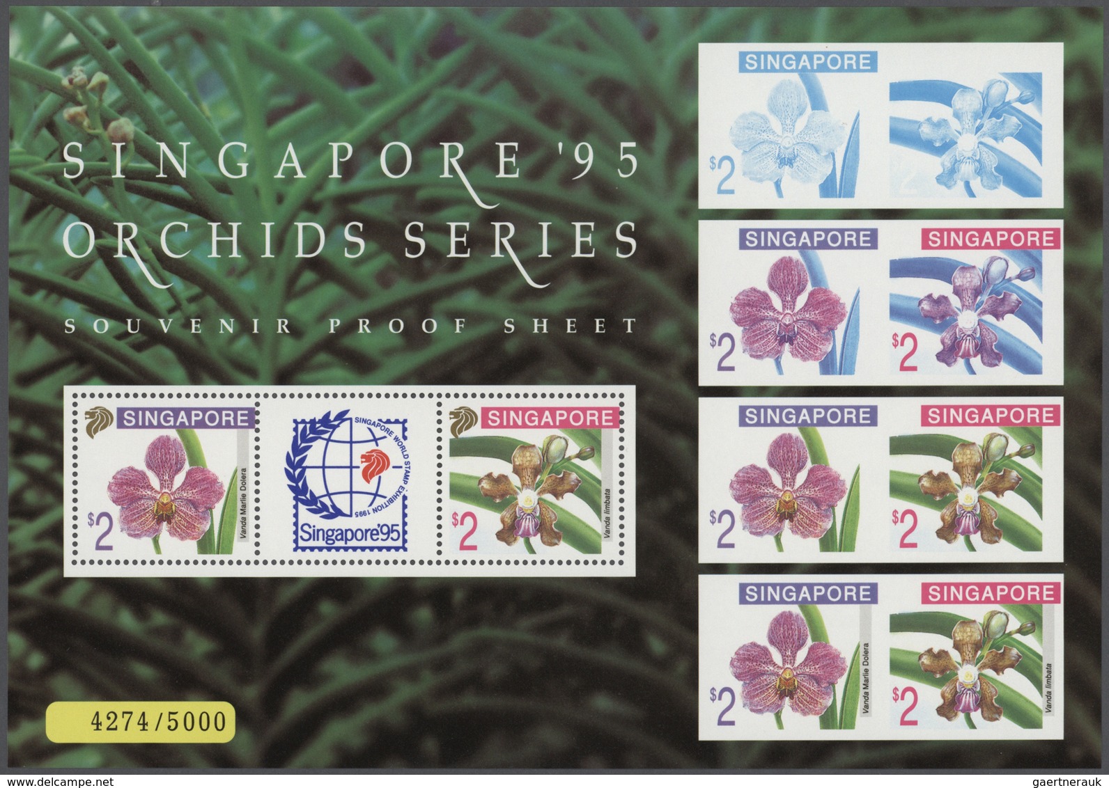 Singapur: 1995, Stamp Exhibition SINGAPORE '95 ("Orchids"), Souvenir Sheet With Stage Proofs On Marg - Singapore (...-1959)