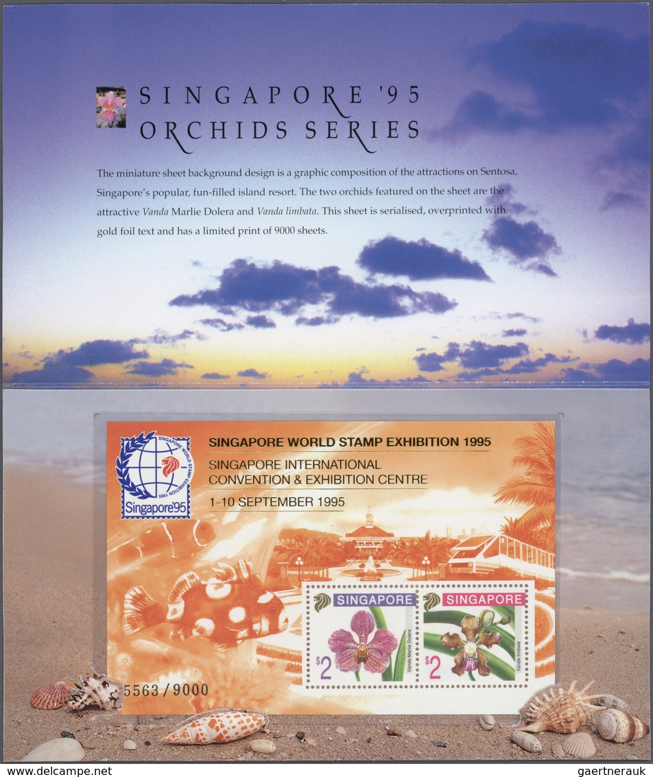 Singapur: 1995, Stamp Exhibition SINGAPORE '95 ("Orchids"), Special Souvenir Sheet With Orange Sheet - Singapour (...-1959)