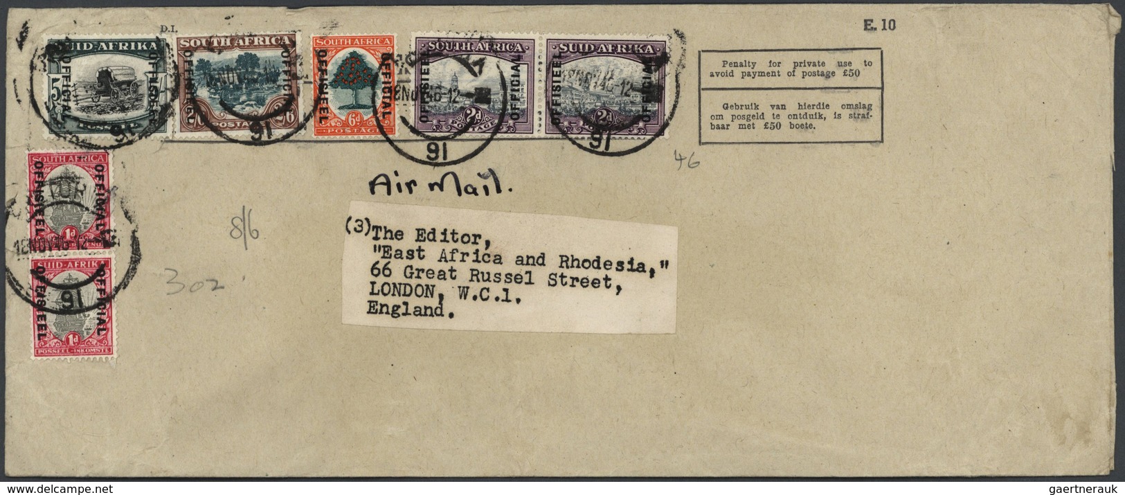 Südafrika - Dienstmarken: 1941/47, Covers (7 Inc. 4 By Air Mail) All Used To The Editor, "East Afric - Timbres De Service