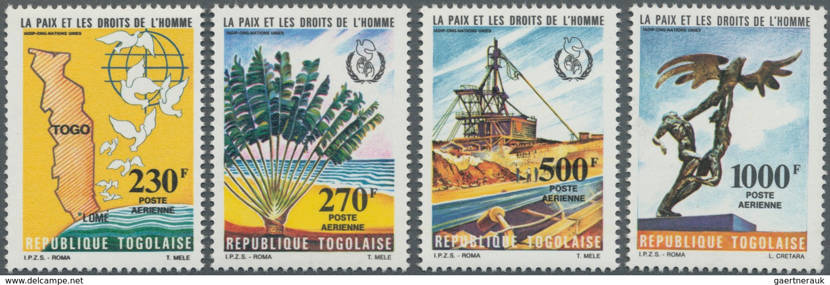 Togo: 1985, Peace And Human Rights Complete Set Of Four (dove Of Peace, Palm Tree, Mining And Sculpt - Autres & Non Classés