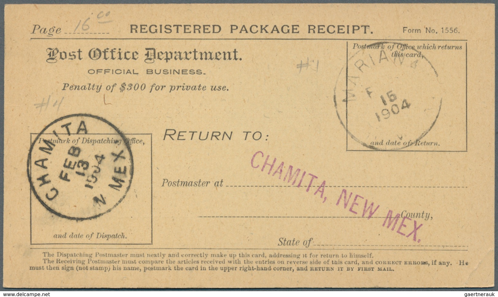 Vereinigte Staaten Von Amerika: 1902-1904, Registered Package Receipt Cards With Good New Mexico Can - Lettres & Documents