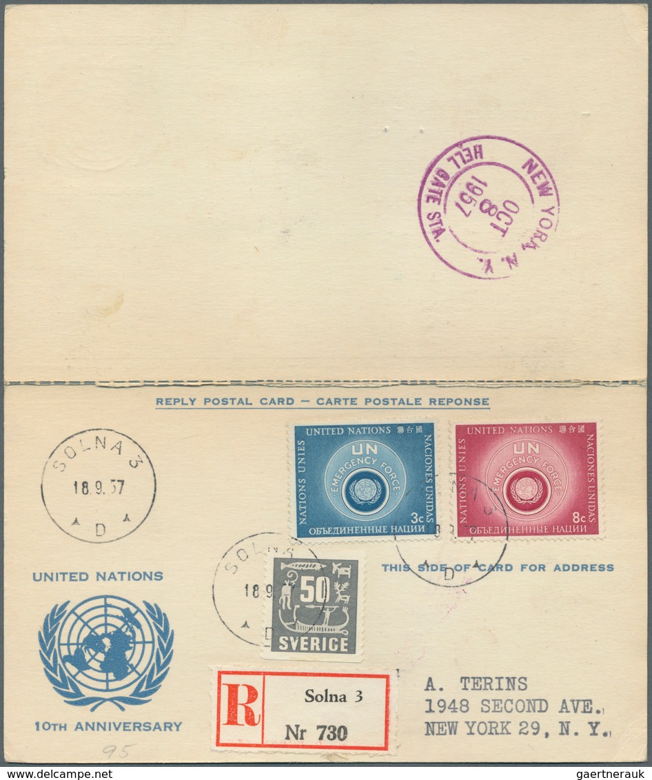 Vereinte Nationen - New York: 1957-59, 24 Postcards With Paid Reply, Both Parts Complete Used To Ita - Otros & Sin Clasificación