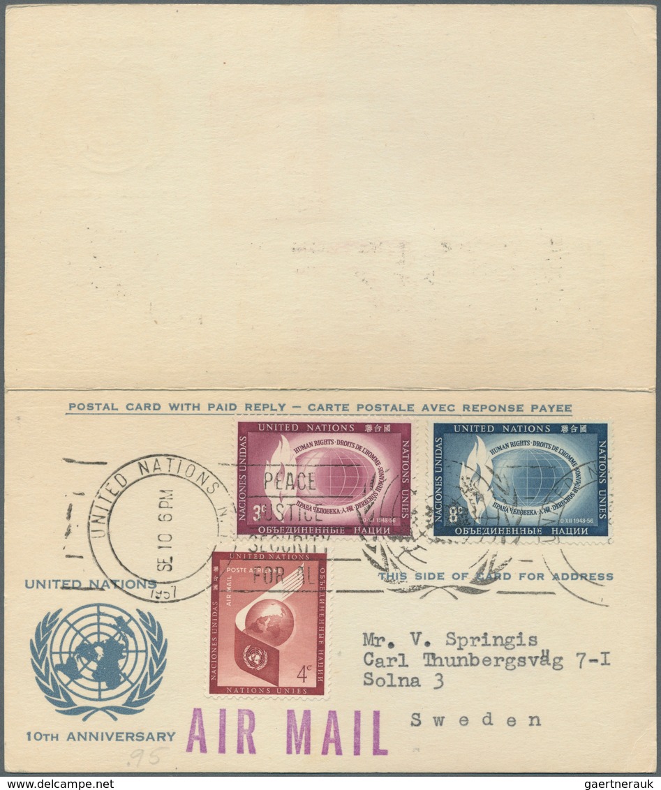 Vereinte Nationen - New York: 1957-59, 24 Postcards With Paid Reply, Both Parts Complete Used To Ita - Autres & Non Classés