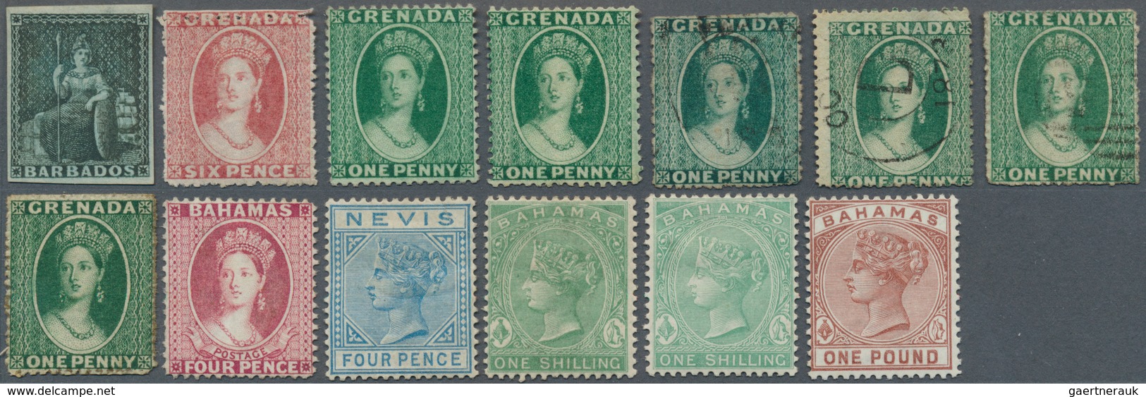 Britische Kolonien: 1855/1890 (ca.), British Carribean, Mint And Used Lot Of 13 Values, Incl. Barbad - Autres & Non Classés