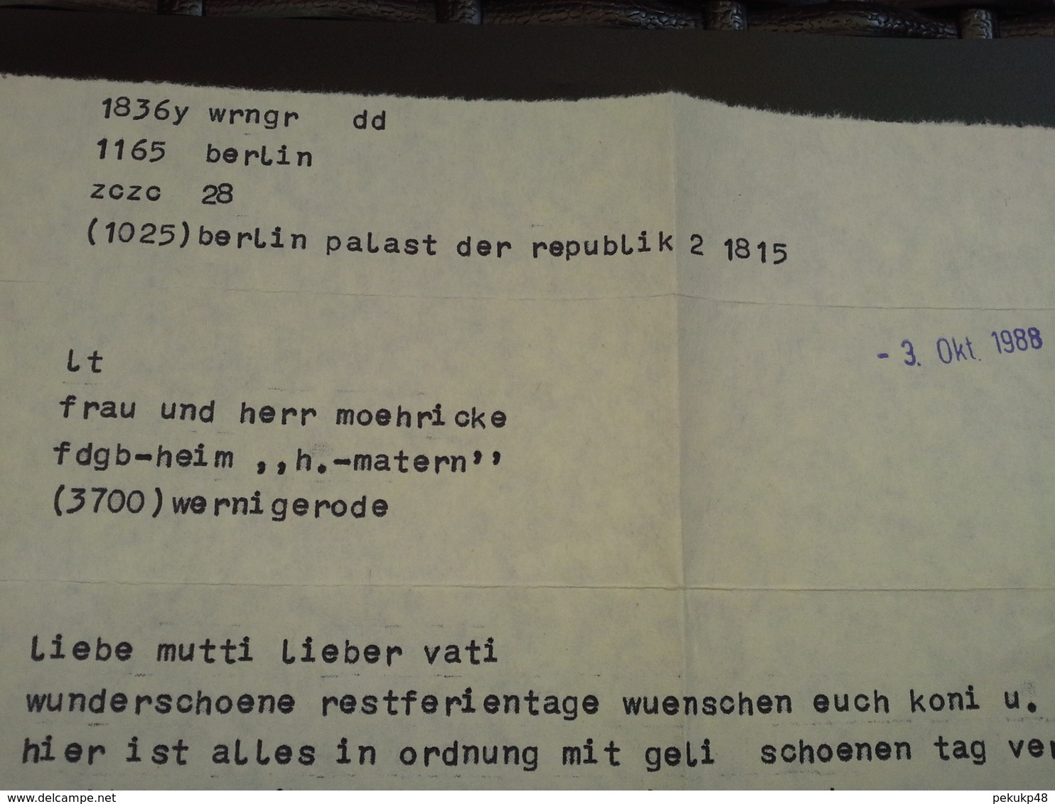 DDR Brieftelegramm 1989 Aus Dem PALAST DER REPUBLIK - Other & Unclassified