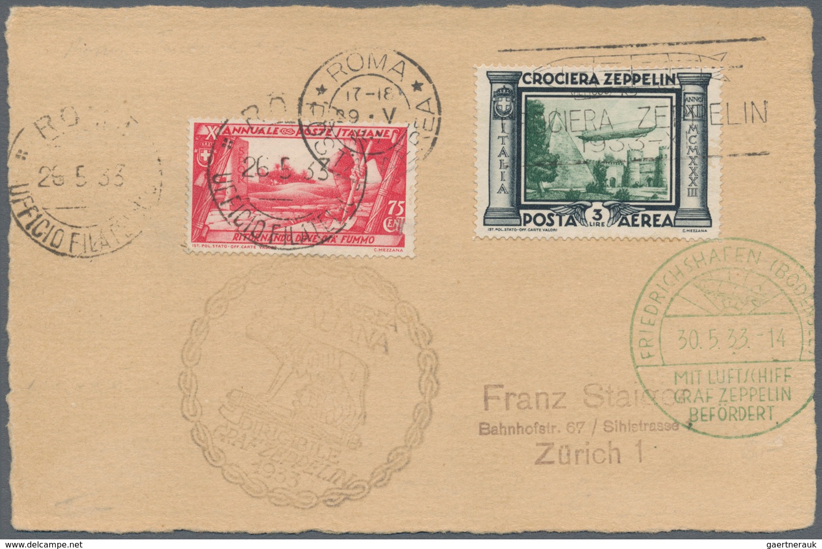 Zeppelinpost Europa: 1933, ITALY TRIP LZ 127, Group Of 13 Covers/cards Franked With Italian (12) And - Autres - Europe