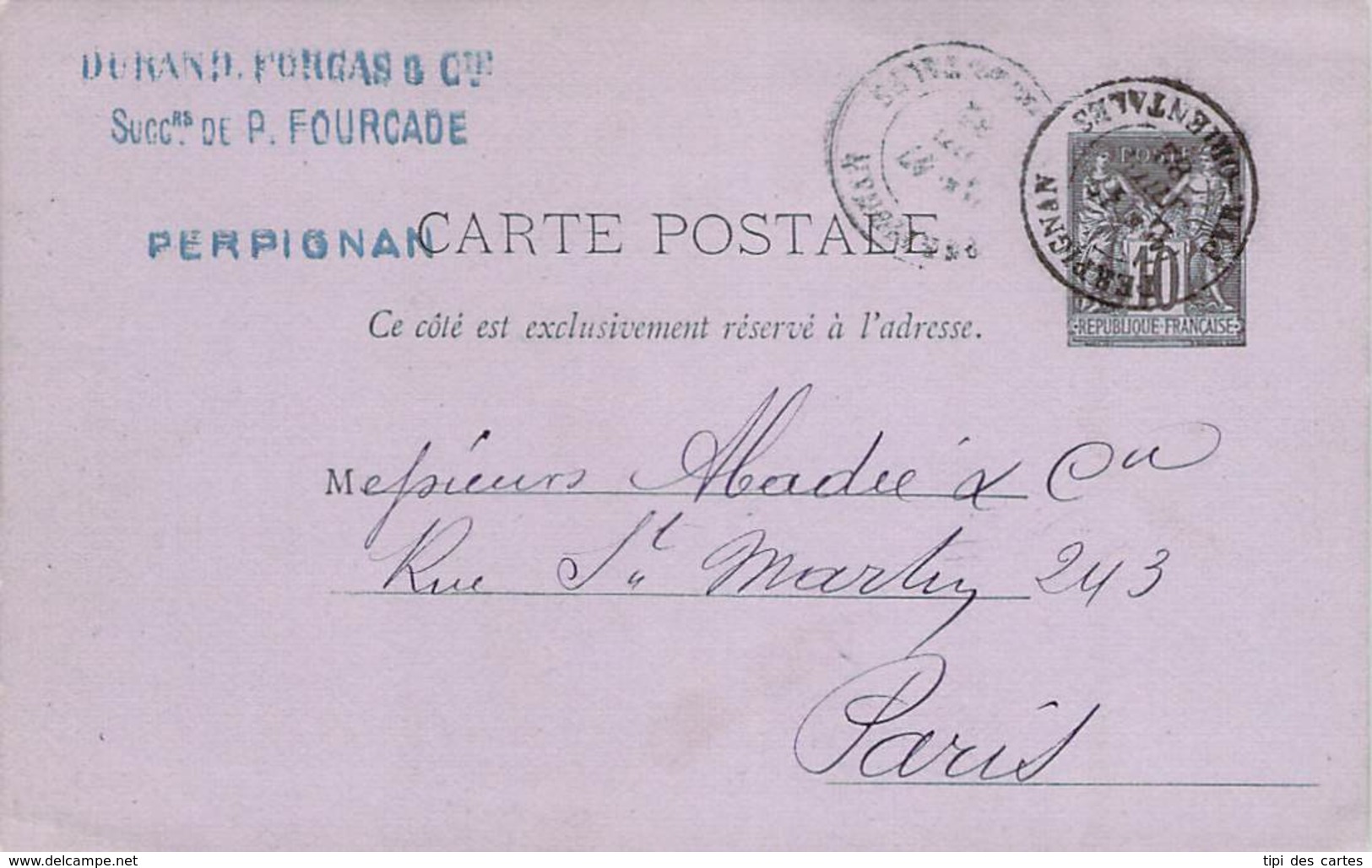 Entier Postal - Précurseur 1882 Sage 10c Cad Perpignan Pour Paris, Tampon Durand Forgas & Cie Perpignan - Cartoline Precursori