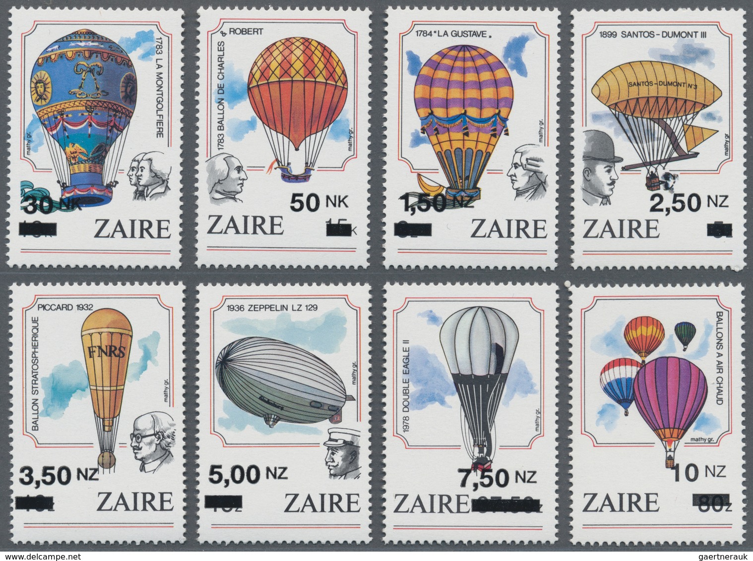 Thematik: Ballon-Luftfahrt / Balloon-aviation: 1994, ZAIRE: 200 Years Aviation Complete Set Of Eight - Arbres