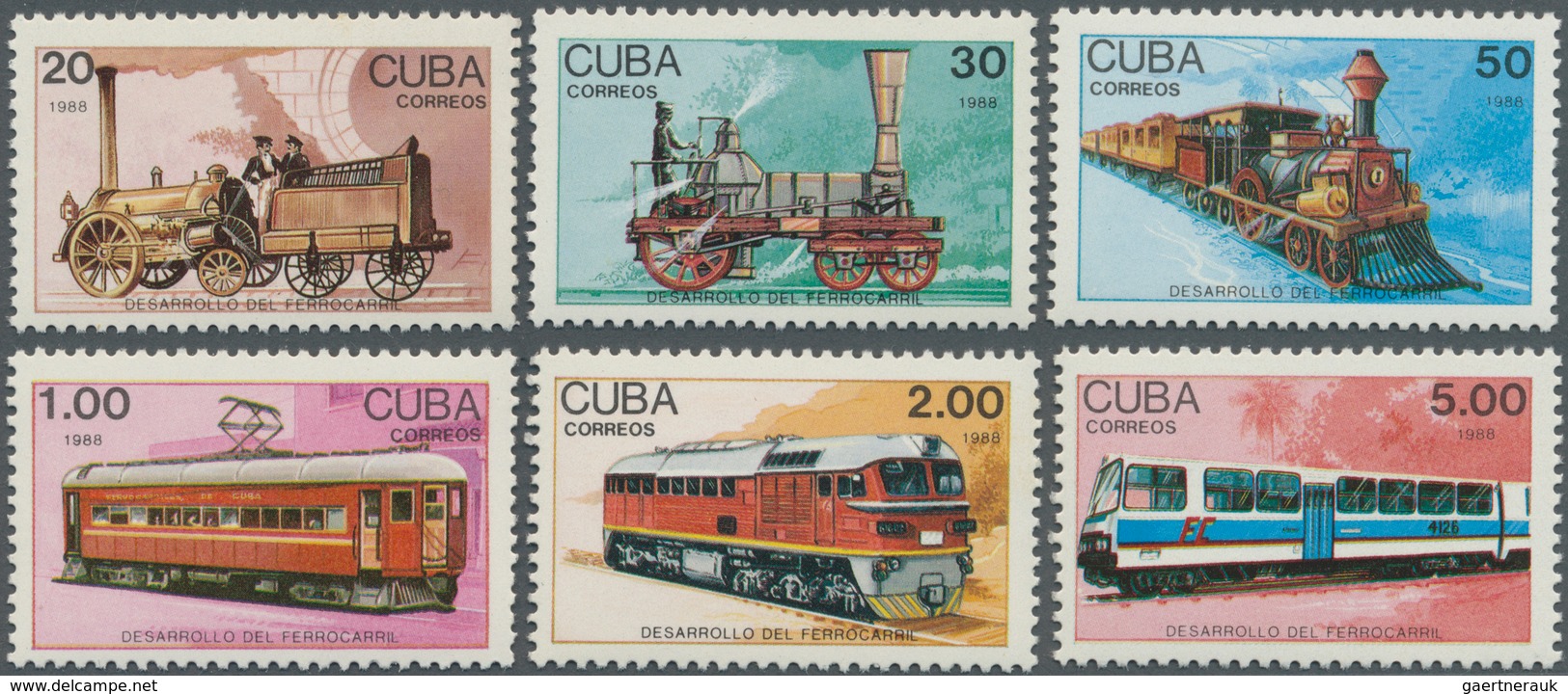 Thematik: Eisenbahn / Railway: 1988, CUBA: History Of Railway Complete Set Of Six From Old Steam Loc - Trenes