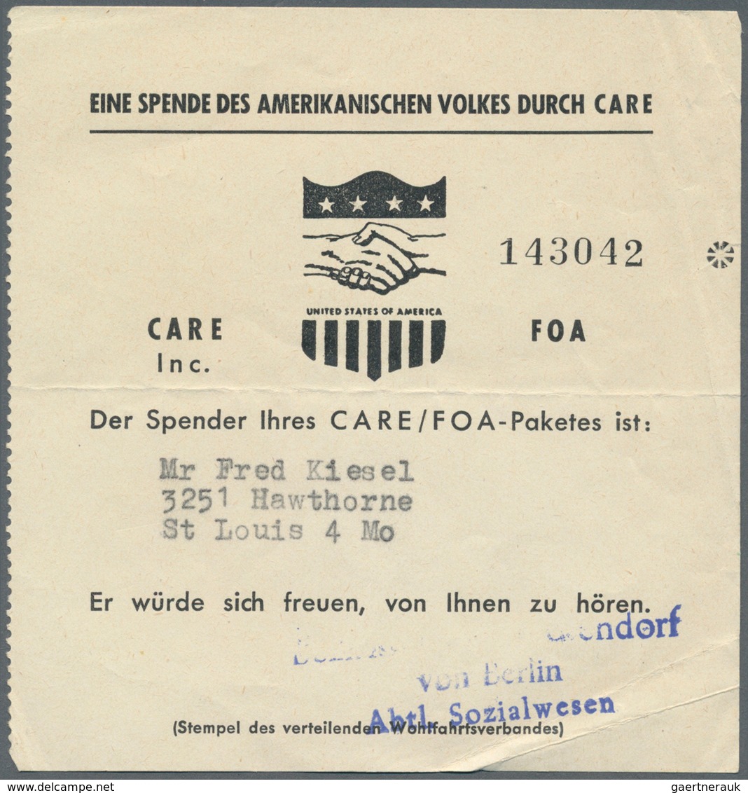 Thematik: Intern. Organisationen / International Organizations: 1947/1951, "CARE" Und Liebesgaben-Hi - Autres & Non Classés