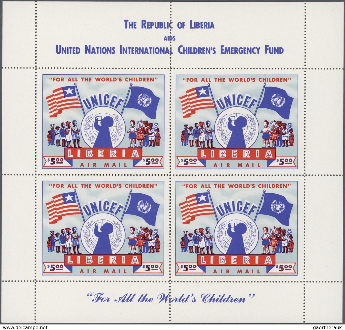 Thematik: Kinder / Children: 1954, LIBERIA: UNICEF 5$ Red/blue (63 X 49 Mm) In A Lot With Seven Comp - Other & Unclassified