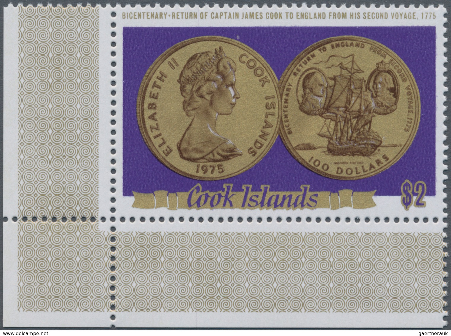 Thematik: Numismatik / Numismatics: 1975, COOK ISLANDS: James Cook ‚$ 100 Gold Coin‘ $2 Gold/violet - Monnaies