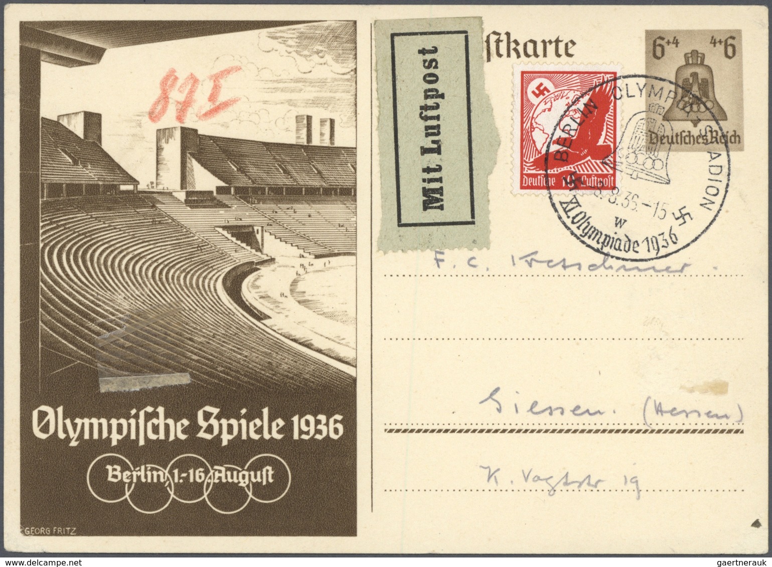 Thematik: Olympische Spiele / olympic games: 1936, Olympia Ganzsachenkarton 6 Pfg. bzw. 15 Pfg. aus