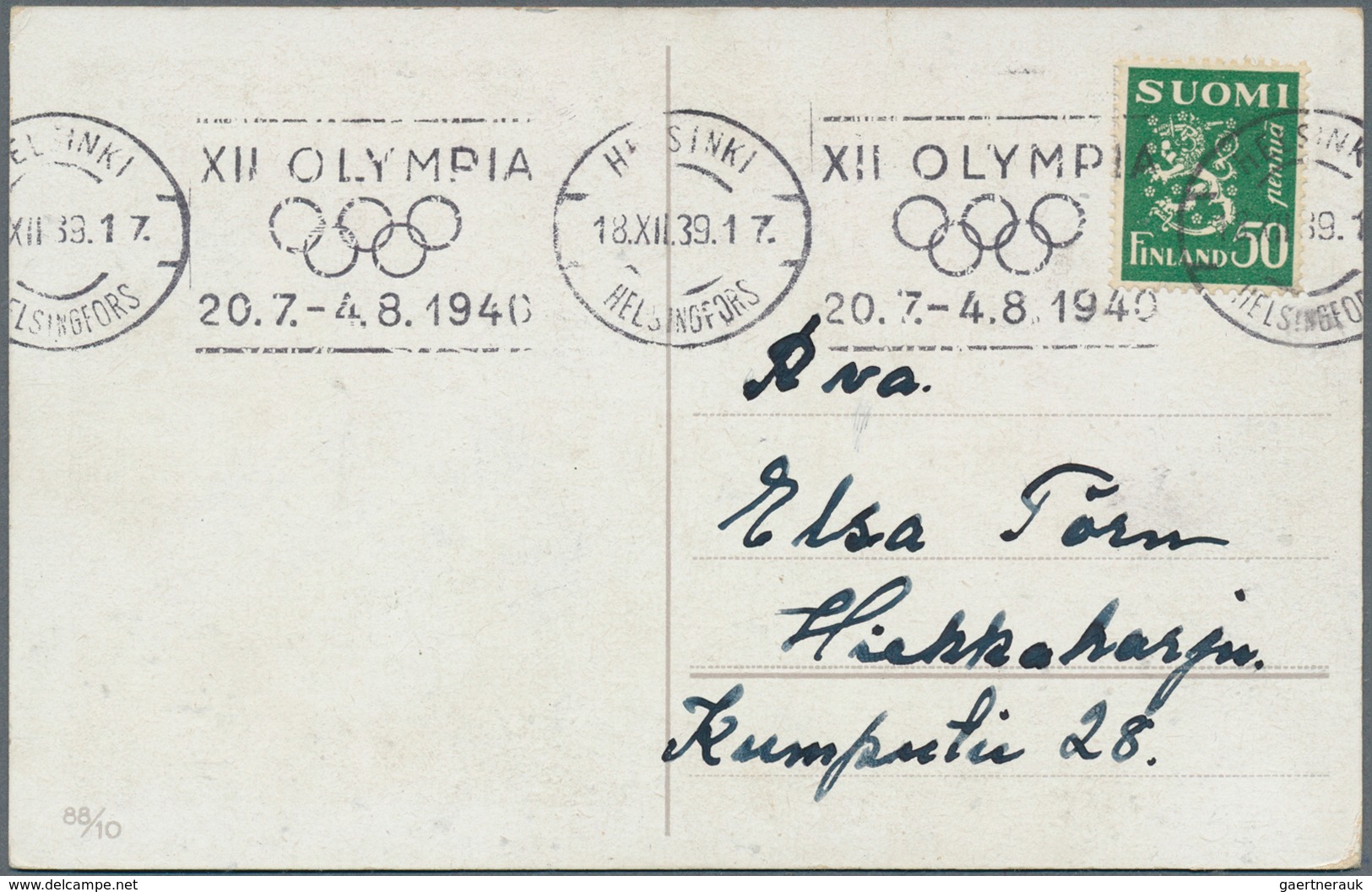 Thematik: Olympische Spiele / Olympic Games: 1939/1940, Finland For Helsinki 1940. Lot Containing 2 - Autres & Non Classés