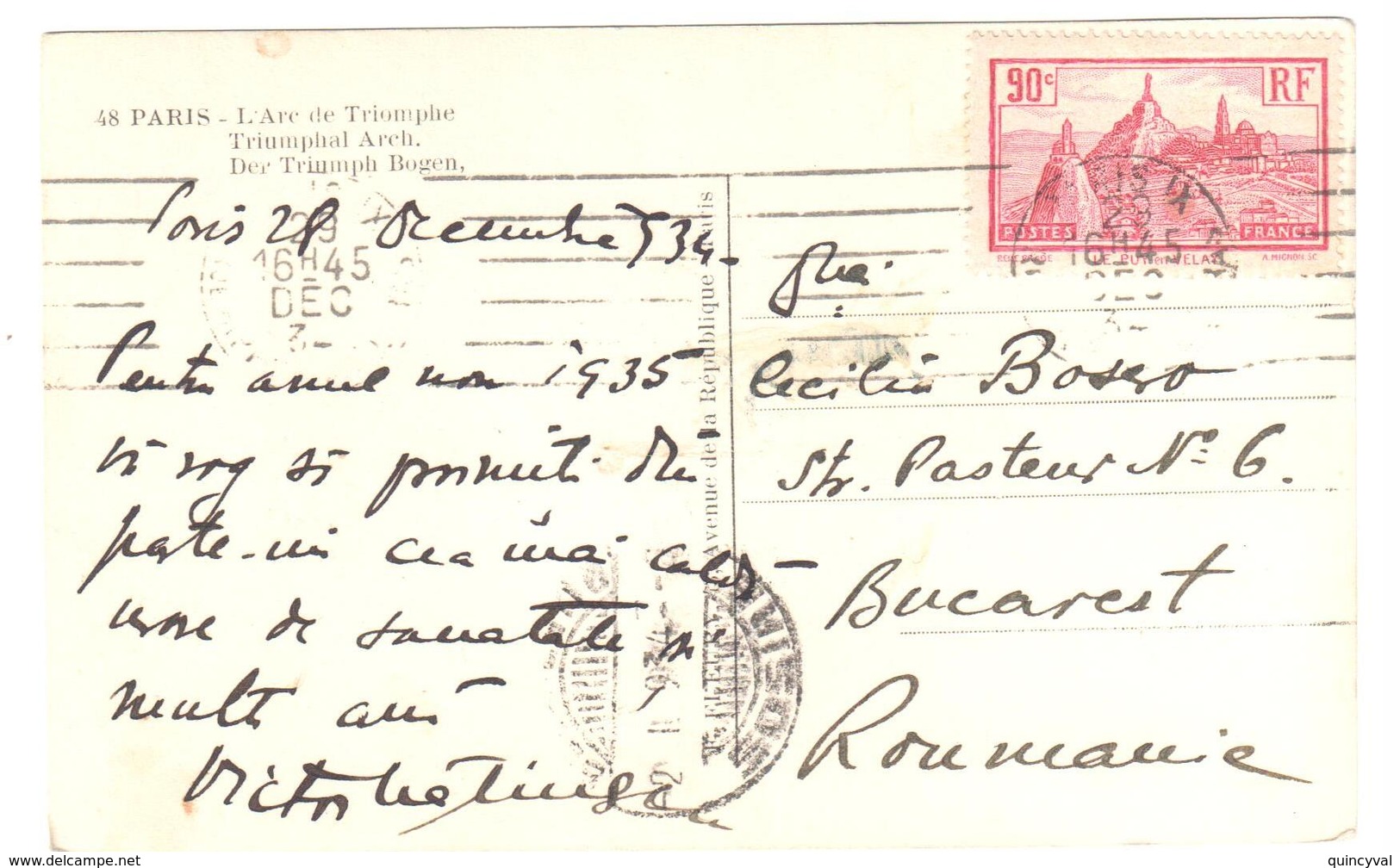 PARIS Carte Postale Dest ROUMANIE Buccarest 90c Puy En Velay Yv 290 Ob 29 12 1934 - Lettres & Documents