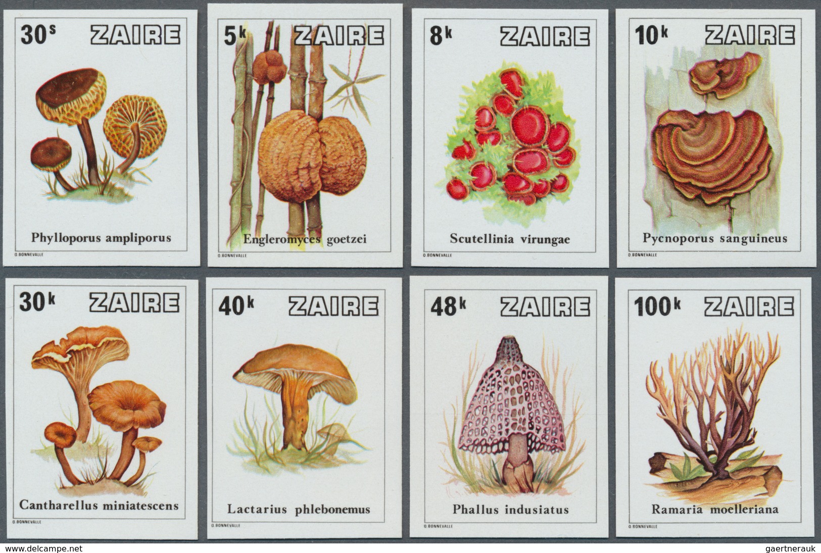 Thematik: Pilze / Mushrooms: 1979, ZAIRE: Mushrooms Complete Set Of Eight IMPERFORATE Values In A Lo - Hongos