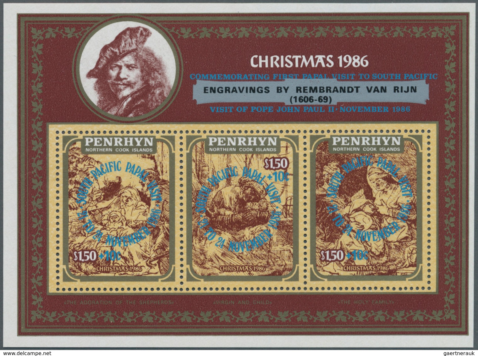 Thematik: Religion / Religion: 1986, PENRHYN: Christmas Miniature Sheet With Three Different Rembran - Autres & Non Classés