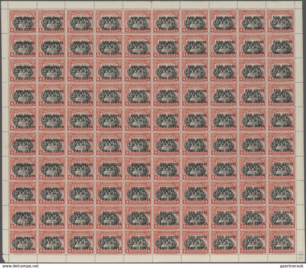 Thematik: Tiere, Fauna / animals, fauna: 1918, North Borneo. Set of 11 complete sheets of 100 of the