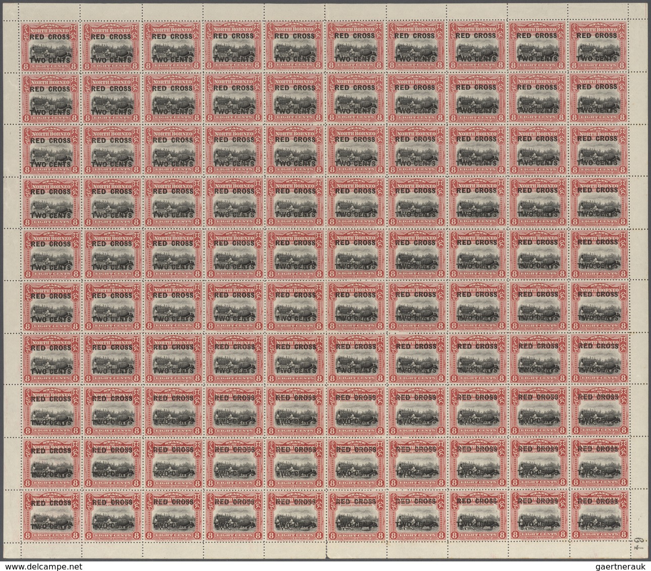 Thematik: Tiere, Fauna / animals, fauna: 1918, North Borneo. Set of 11 complete sheets of 100 of the