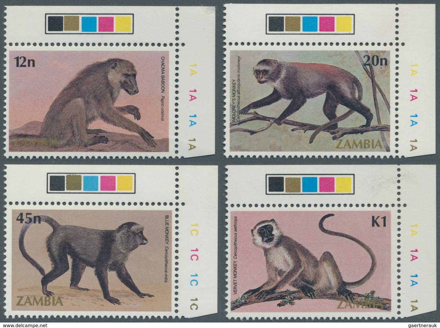 Thematik: Tiere-Affen / Animals-monkeys: 1985, ZAMBIA: Monkeys Complete Set Of Four In A Lot With 10 - Mono